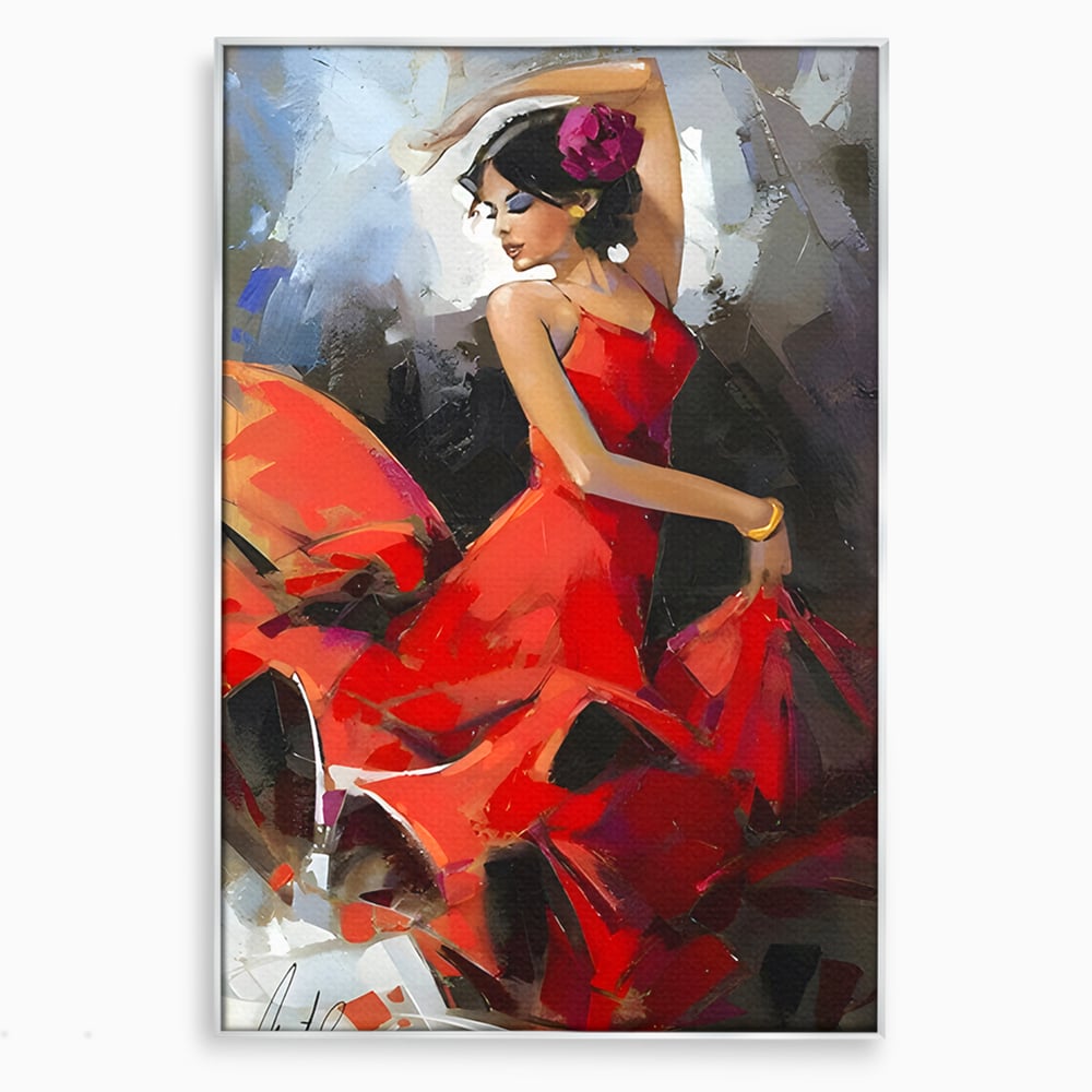 Tablou canvas cu tablou canvas cu dansatoare in rochie rosie, in rama de aluminiu argintiu